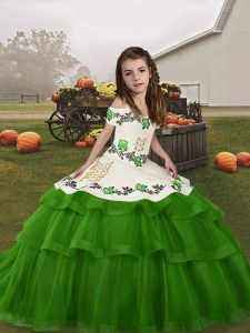 Green Ball Gowns Tulle Straps Sleeveless Embroidery and Ruffled Layers Floor Length Lace Up Kids Formal Wear