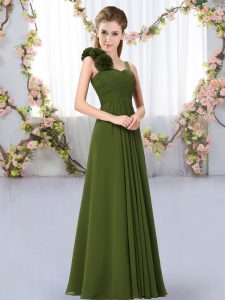 Olive Green Sleeveless Floor Length Hand Made Flower Lace Up Bridesmaids Dress