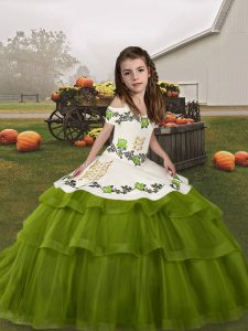 Olive Green Lace Up Pageant Dress for Teens Embroidery and Ruffled Layers Sleeveless Floor Length