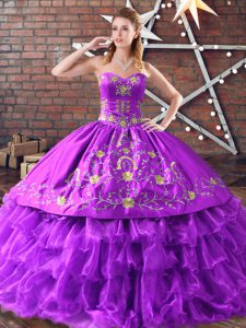 Glamorous Sleeveless Floor Length Embroidery and Ruffled Layers Lace Up Sweet 16 Dress with Purple