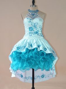 Hot Selling Aqua Blue Lace Up Prom Dress Embroidery and Ruffles Sleeveless High Low