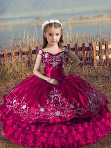 Fuchsia Sleeveless Satin and Organza Lace Up Little Girls Pageant Dress Wholesale for Wedding Party