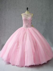 Shining Baby Pink Lace Up Sweet 16 Dresses Beading Sleeveless Floor Length
