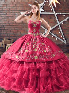 Sleeveless Floor Length Embroidery and Ruffled Layers Lace Up Sweet 16 Dresses with Red