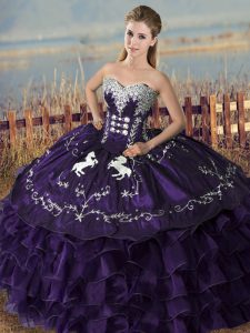 Purple Ball Gowns Sweetheart Sleeveless Organza Floor Length Lace Up Embroidery and Ruffles Quince Ball Gowns