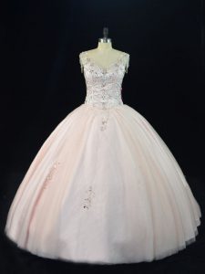 Exceptional Tulle V-neck Sleeveless Lace Up Beading 15 Quinceanera Dress in Pink