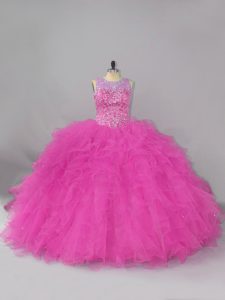 Fashionable Fuchsia Ball Gowns Beading and Ruffles Quinceanera Dress Lace Up Lace Sleeveless