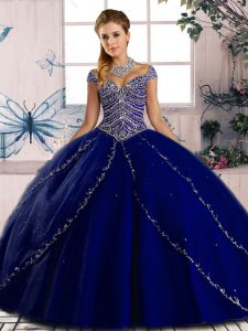 Royal Blue Cap Sleeves Beading Lace Up 15 Quinceanera Dress