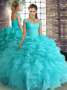 Aqua Blue Ball Gowns Beading and Ruffles and Pick Ups Quinceanera Gown Lace Up Organza Sleeveless Floor Length