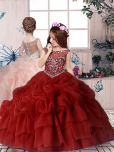 Dazzling Beading and Pick Ups Child Pageant Dress Red Lace Up Sleeveless Floor Length