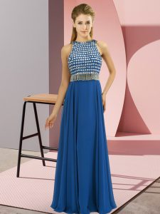 Sumptuous Blue Sleeveless Floor Length Beading Side Zipper Evening Dress