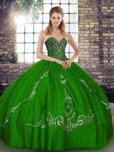 Green Lace Up Sweetheart Beading and Embroidery Quinceanera Gown Tulle Sleeveless