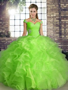 Wonderful Sleeveless Beading and Ruffles Lace Up Quince Ball Gowns