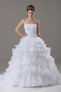 Attractive White Strapless Neckline Lace and Ruffled Layers Bridal Gown Sleeveless Lace Up