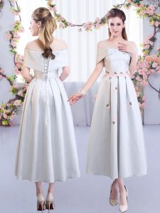 Fantastic Tea Length Lace Up Bridesmaid Dresses Silver for Wedding Party with Appliques