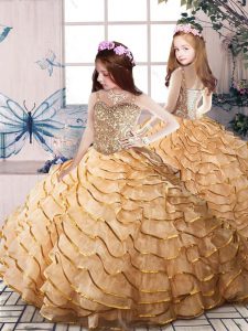 Lace Up Little Girls Pageant Dress Wholesale Gold for Party and Sweet 16 and Wedding Party with Beading and Ruffled Laye