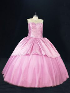 Scoop Sleeveless Quinceanera Dresses Floor Length Beading Pink Tulle