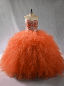 Orange Red Tulle Lace Up Quinceanera Dress Sleeveless Floor Length Beading and Ruffles