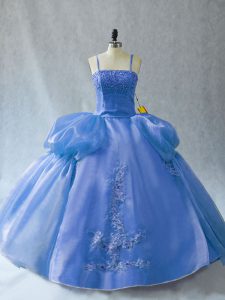 Floor Length Blue Sweet 16 Dresses Organza Sleeveless Appliques