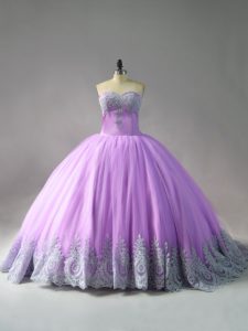 Sweetheart Sleeveless Quince Ball Gowns Court Train Appliques Lilac Tulle