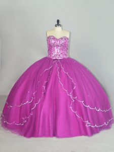 Decent Fuchsia Lace Up Sweetheart Beading and Sequins Quinceanera Dress Tulle Sleeveless Brush Train