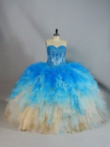 Colorful Sleeveless Appliques and Ruffles Lace Up Quince Ball Gowns