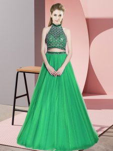 Artistic Tulle Halter Top Sleeveless Lace Up Beading Prom Dresses in Green