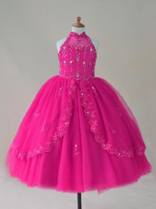 High-neck Sleeveless Little Girl Pageant Gowns Floor Length Beading and Appliques Fuchsia Tulle