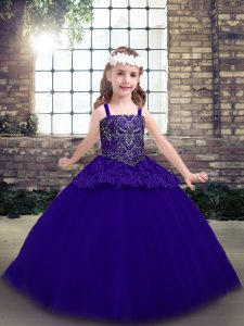 Purple Tulle Lace Up Straps Sleeveless Floor Length Pageant Dress for Teens Beading