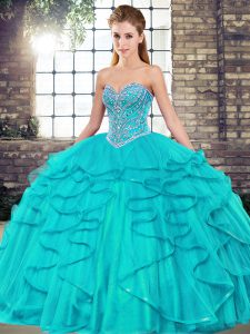 Floor Length Lace Up 15th Birthday Dress Aqua Blue for Military Ball and Sweet 16 and Quinceanera with Beading and Ruffl