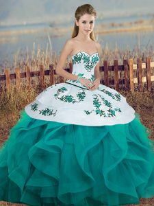 Noble Turquoise Lace Up Ball Gown Prom Dress Embroidery and Ruffles and Bowknot Sleeveless Floor Length