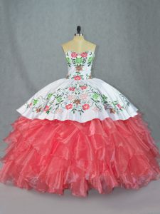 Free and Easy Sleeveless Satin and Organza Lace Up 15th Birthday Dress in Watermelon Red with Embroidery and Ruffles