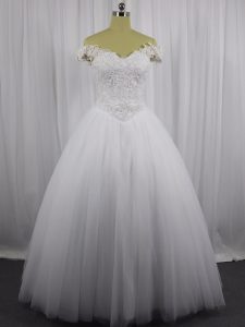 White Ball Gowns Beading and Lace Bridal Gown Lace Up Tulle Sleeveless Floor Length