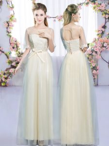 Modest Champagne Bridesmaid Dress Wedding Party with Lace and Bowknot Scoop Half Sleeves Lace Up