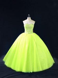 Floor Length Lace Up Sweet 16 Dress Yellow Green for Sweet 16 and Quinceanera with Beading