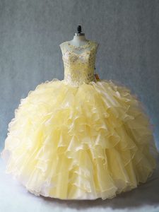 Clearance Yellow Organza Lace Up Scoop Sleeveless Floor Length Sweet 16 Quinceanera Dress Beading and Ruffles