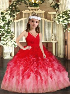 Sleeveless Tulle Floor Length Zipper Little Girls Pageant Gowns in Red and Multi-color with Ruffles