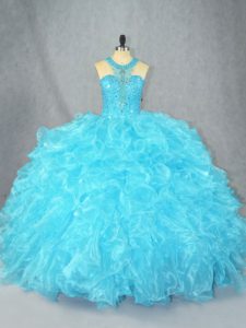 Fashionable Baby Blue Ball Gowns Organza Scoop Sleeveless Beading and Ruffles Floor Length Zipper Quinceanera Gowns