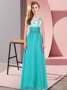 Sleeveless Chiffon Floor Length Backless Wedding Party Dress in Teal with Appliques