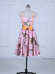 Charming Knee Length Baby Pink Prom Evening Gown Printed Sleeveless Bowknot