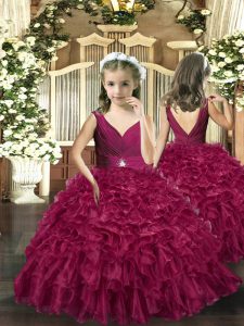 Burgundy Sleeveless Organza Backless Girls Pageant Dresses for Party and Wedding Party