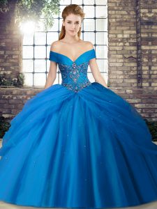 Brush Train Ball Gowns 15th Birthday Dress Blue Off The Shoulder Tulle Sleeveless Lace Up