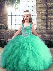 Popular Beading and Ruffles Little Girl Pageant Dress Turquoise Lace Up Sleeveless Floor Length
