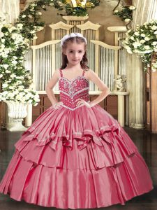 Custom Made Floor Length Lace Up Child Pageant Dress Red for Military Ball and Wedding Party with Beading