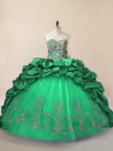 Custom Fit Sleeveless Tulle Brush Train Lace Up Quinceanera Dress in Green with Beading and Pick Ups