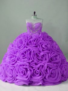 Sophisticated Lavender Fabric With Rolling Flowers Lace Up Quinceanera Gowns Sleeveless Brush Train Beading
