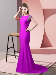 Backless Evening Dress Fuchsia for Prom and Party with Beading Brush Train