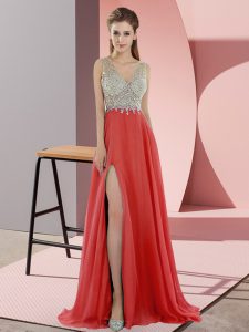 Coral Red Zipper Dress for Prom Beading Sleeveless Sweep Train
