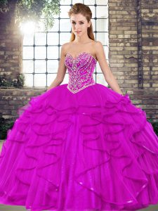 Sleeveless Tulle Floor Length Lace Up Quinceanera Dresses in Fuchsia with Beading and Ruffles