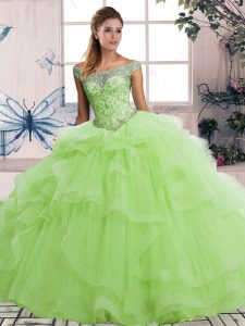 Yellow Green Tulle Lace Up Quince Ball Gowns Sleeveless Floor Length Beading and Ruffles